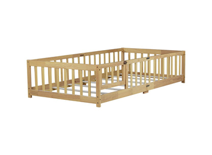 Twin Size Floor Bed with Fence and Door,Rubber Wood Floor Bed with Safety Guardrails,Natural - 1st Choice Furniture Direct