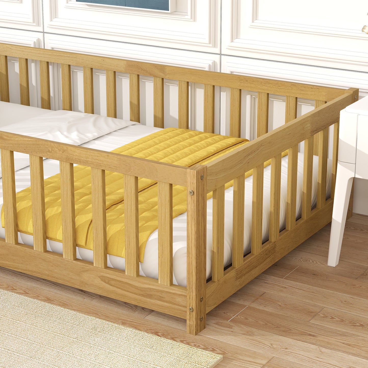 Twin Size Floor Bed with Fence and Door,Rubber Wood Floor Bed with Safety Guardrails,Natural - 1st Choice Furniture Direct