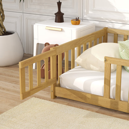 Twin Size Floor Bed with Fence and Door,Rubber Wood Floor Bed with Safety Guardrails,Natural - 1st Choice Furniture Direct