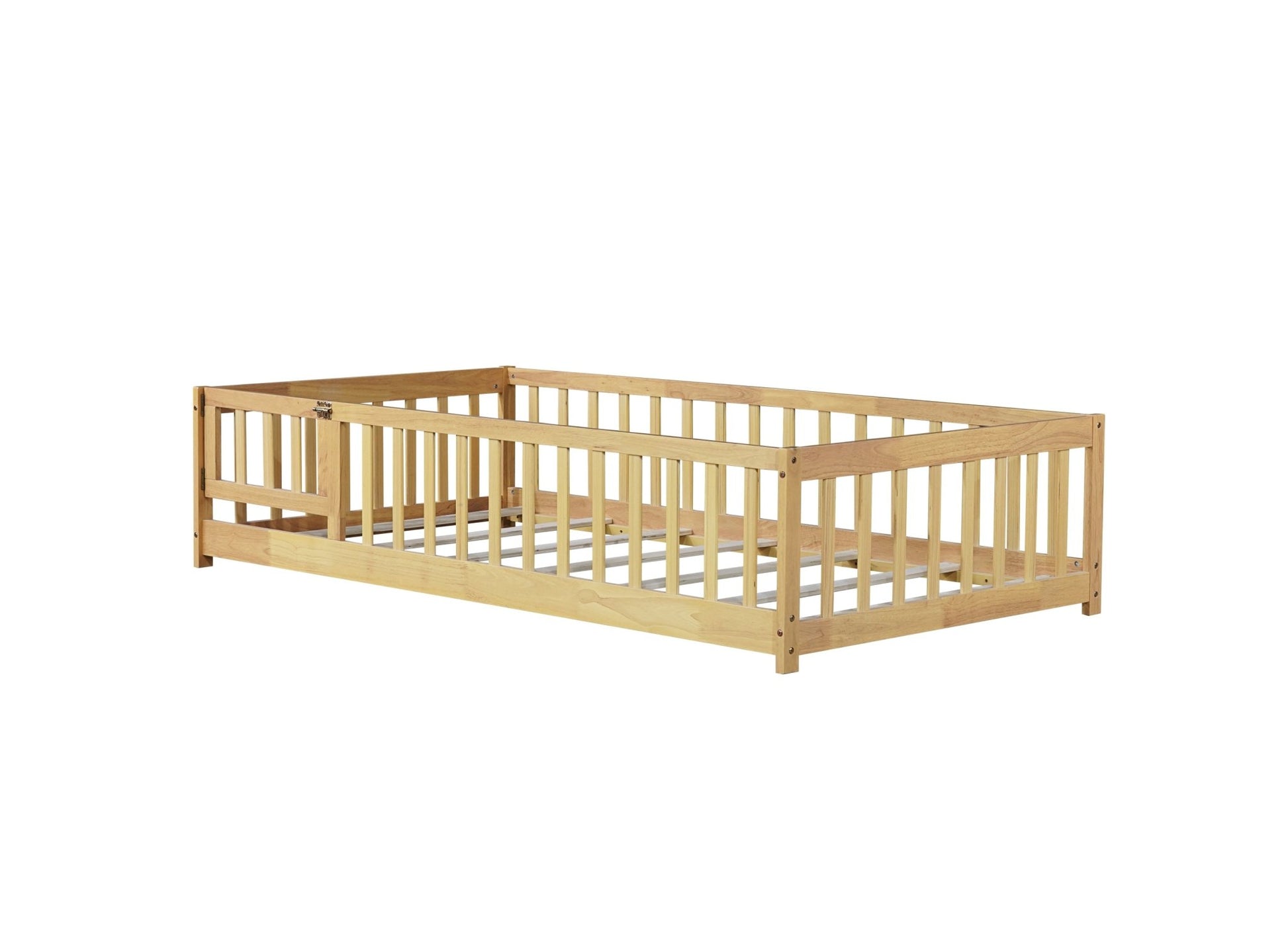 Twin Size Floor Bed with Fence and Door,Rubber Wood Floor Bed with Safety Guardrails,Natural - 1st Choice Furniture Direct