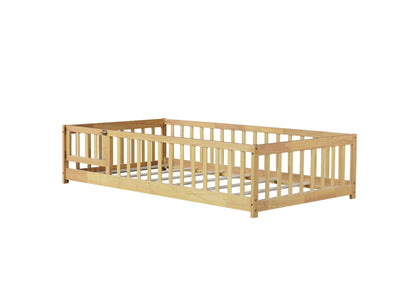 Twin Size Floor Bed with Fence and Door,Rubber Wood Floor Bed with Safety Guardrails,Natural - 1st Choice Furniture Direct