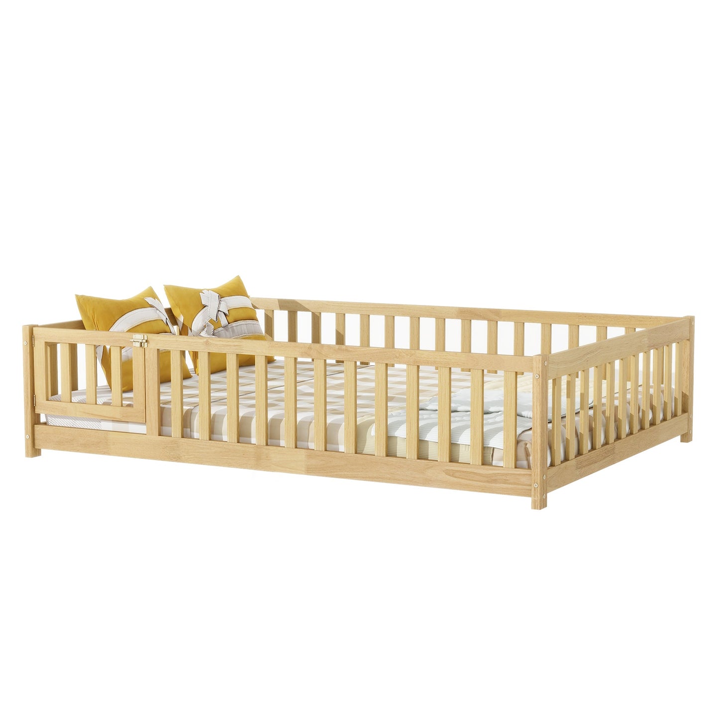 Twin Size Floor Bed with Fence and Door,Rubber Wood Floor Bed with Safety Guardrails,Natural - 1st Choice Furniture Direct