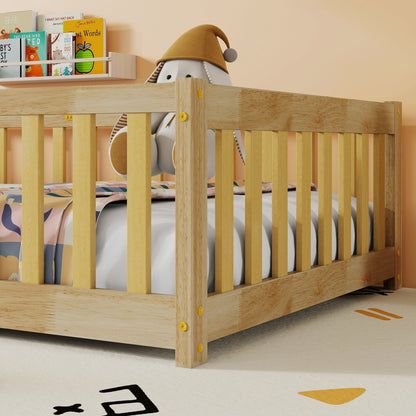 Twin Size Floor Bed with Fence and Door,Rubber Wood Floor Bed with Safety Guardrails,Natural - 1st Choice Furniture Direct