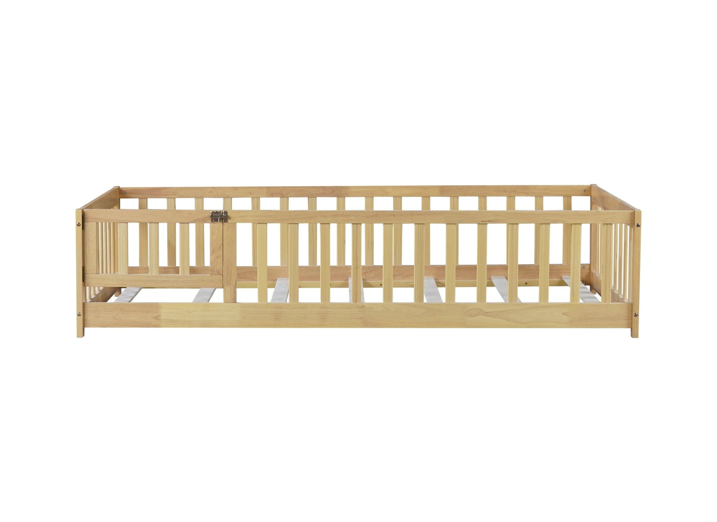 Twin Size Floor Bed with Fence and Door,Rubber Wood Floor Bed with Safety Guardrails,Natural - 1st Choice Furniture Direct