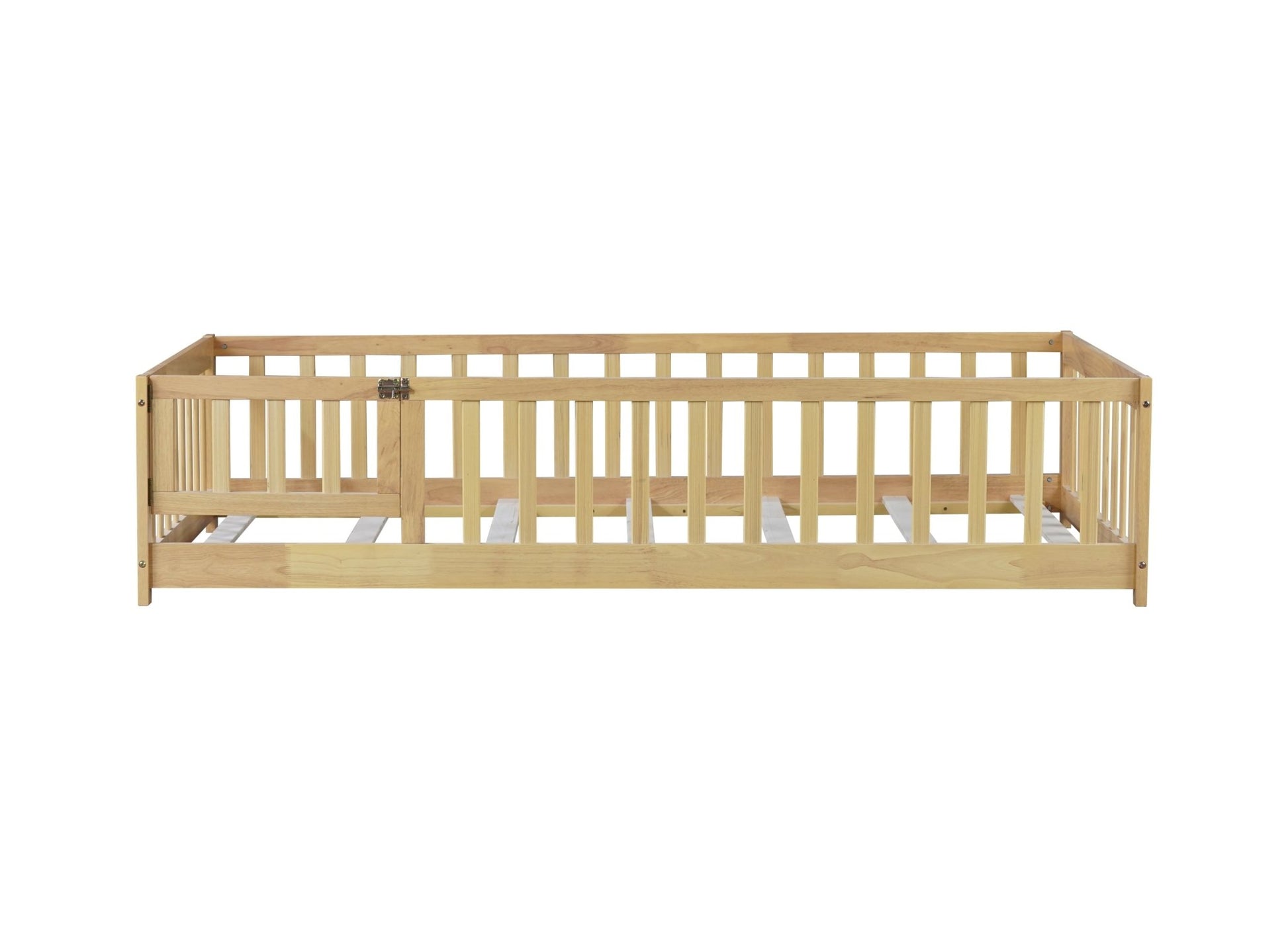 Twin Size Floor Bed with Fence and Door,Rubber Wood Floor Bed with Safety Guardrails,Natural - 1st Choice Furniture Direct