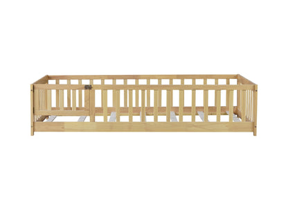 Twin Size Floor Bed with Fence and Door,Rubber Wood Floor Bed with Safety Guardrails,Natural - 1st Choice Furniture Direct