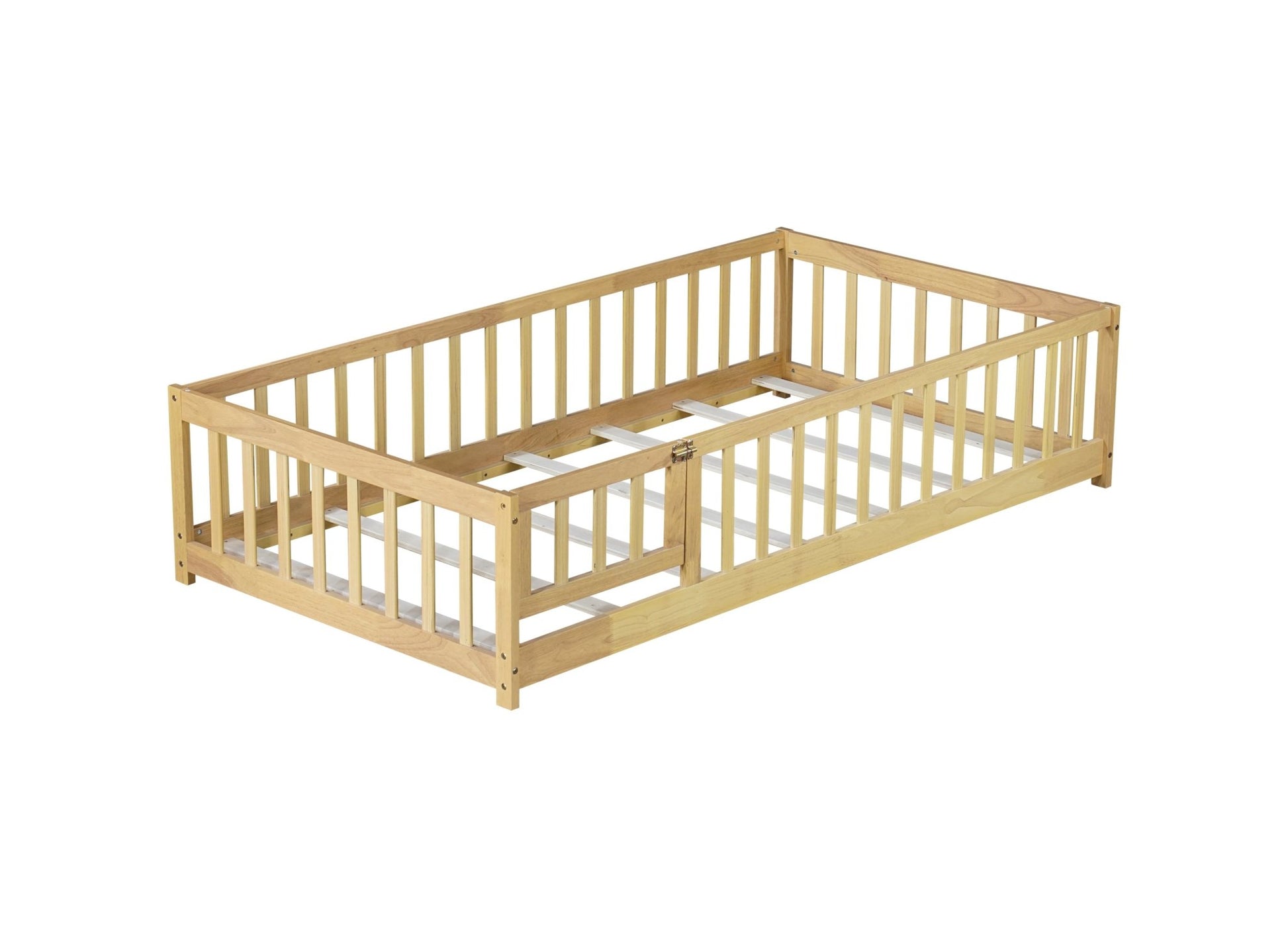 Twin Size Floor Bed with Fence and Door,Rubber Wood Floor Bed with Safety Guardrails,Natural - 1st Choice Furniture Direct