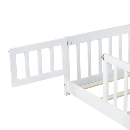 Twin Size Floor Bed with Fence and Door,Rubber Wood Floor Bed with Safety Guardrails,White - 1st Choice Furniture Direct