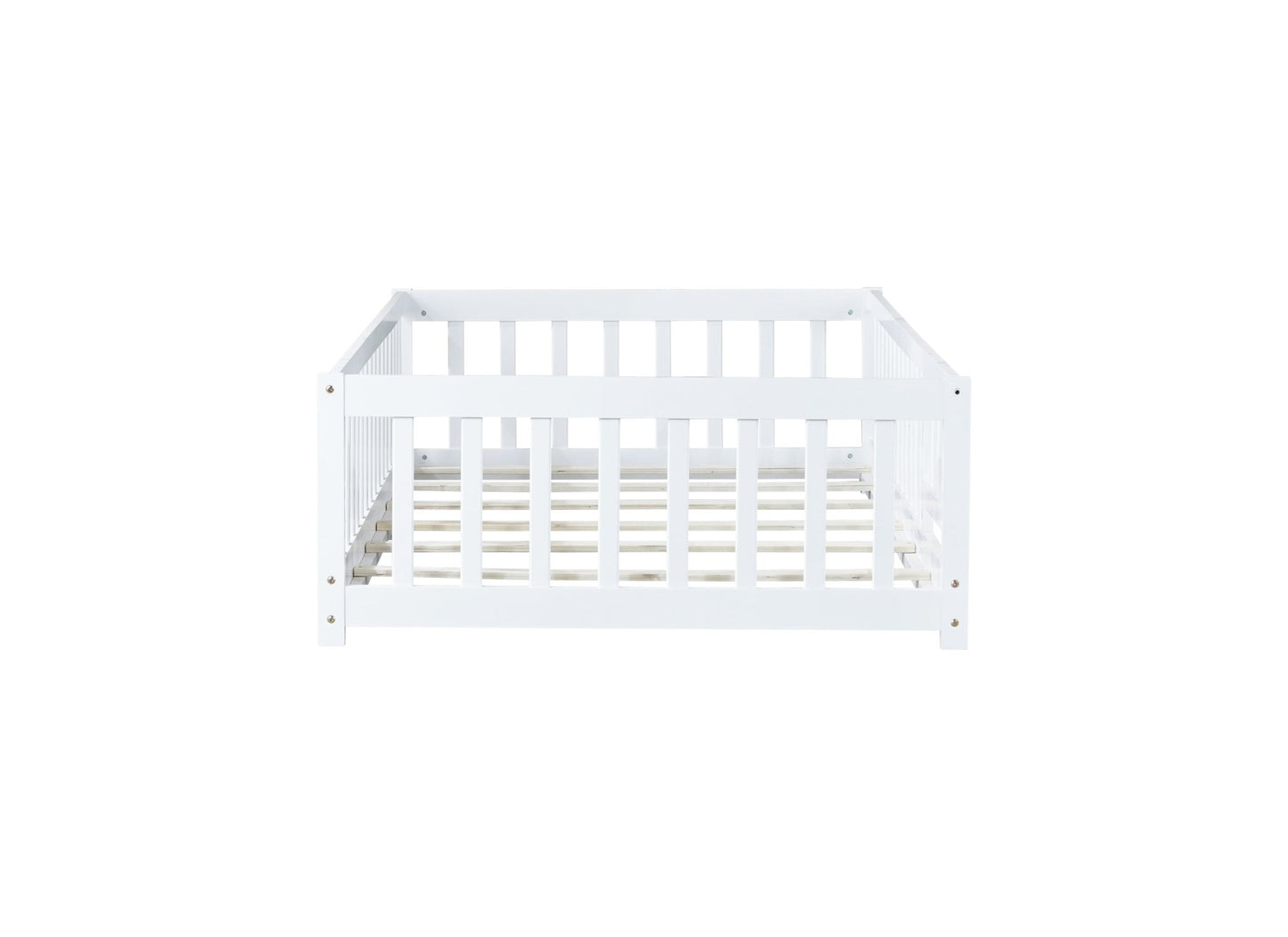 Twin Size Floor Bed with Fence and Door,Rubber Wood Floor Bed with Safety Guardrails,White - 1st Choice Furniture Direct