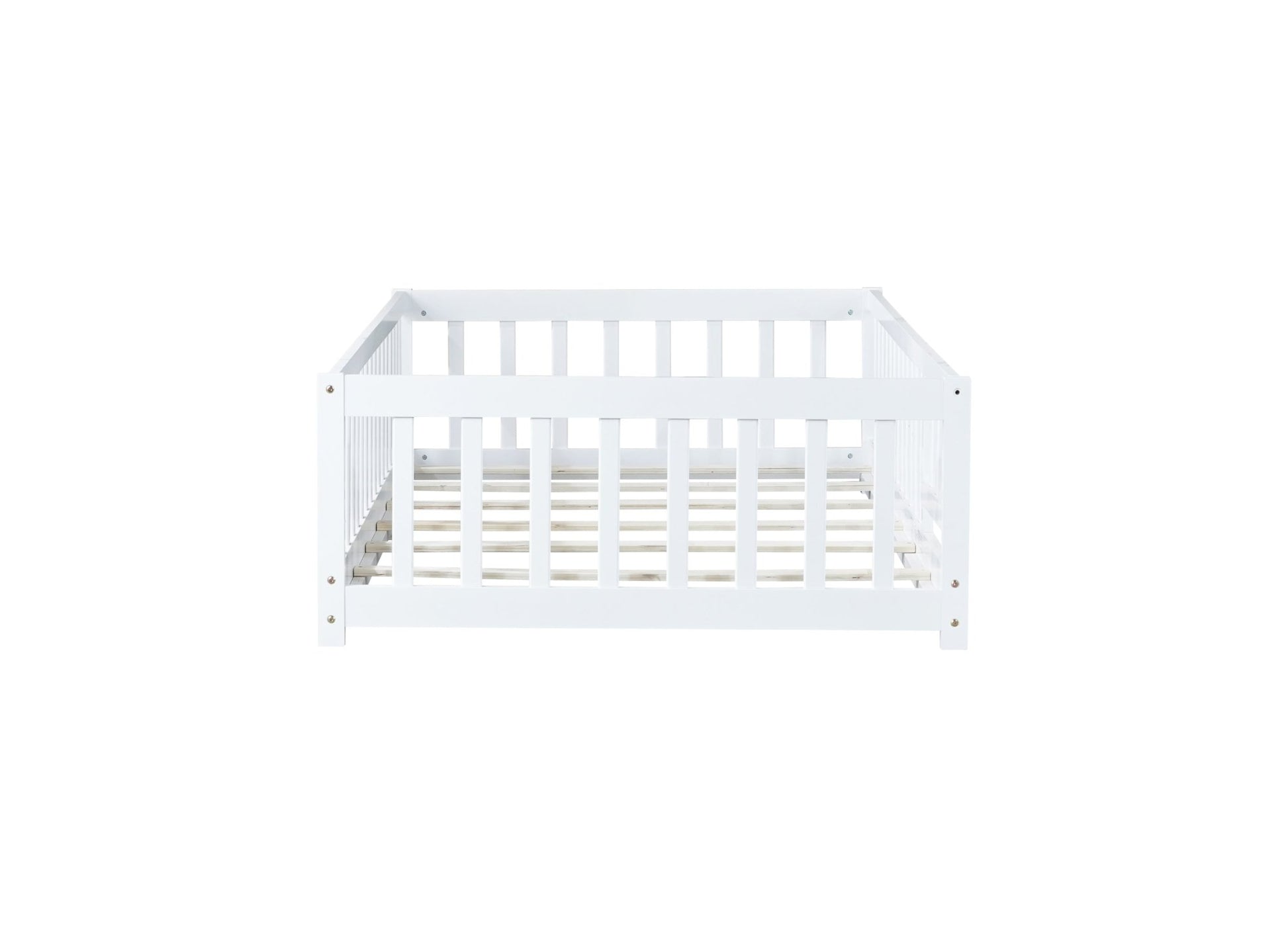 Twin Size Floor Bed with Fence and Door,Rubber Wood Floor Bed with Safety Guardrails,White - 1st Choice Furniture Direct
