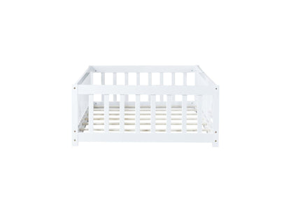 Twin Size Floor Bed with Fence and Door,Rubber Wood Floor Bed with Safety Guardrails,White - 1st Choice Furniture Direct