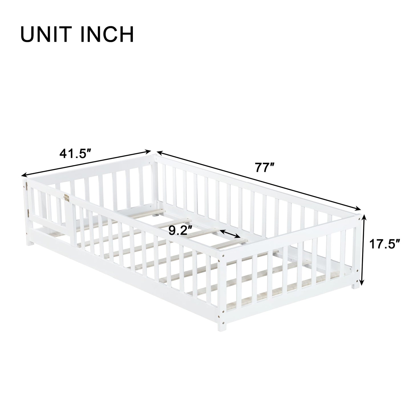 Twin Size Floor Bed with Fence and Door,Rubber Wood Floor Bed with Safety Guardrails,White - 1st Choice Furniture Direct
