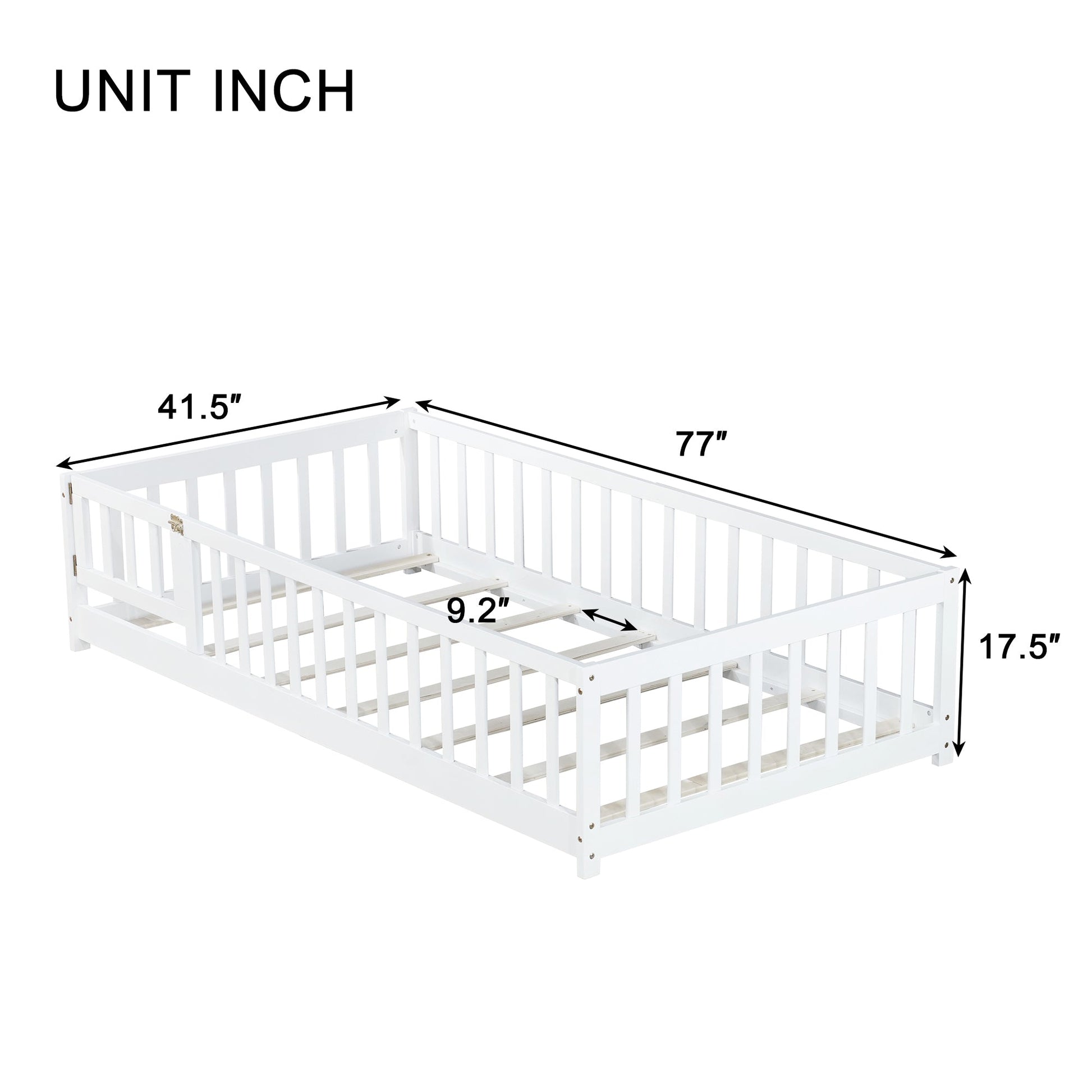 Twin Size Floor Bed with Fence and Door,Rubber Wood Floor Bed with Safety Guardrails,White - 1st Choice Furniture Direct
