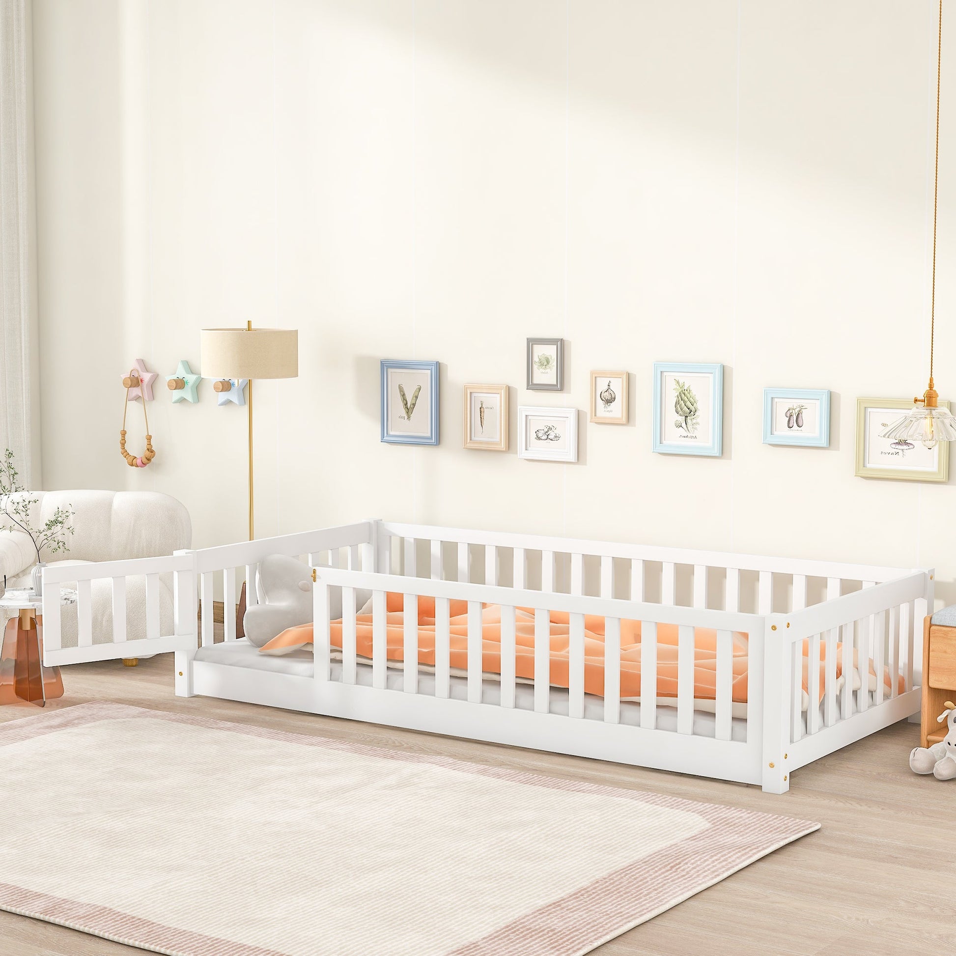 Twin Size Floor Bed with Fence and Door,Rubber Wood Floor Bed with Safety Guardrails,White - 1st Choice Furniture Direct