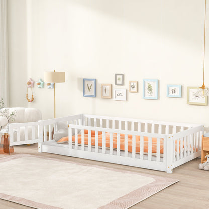 Twin Size Floor Bed with Fence and Door,Rubber Wood Floor Bed with Safety Guardrails,White - 1st Choice Furniture Direct