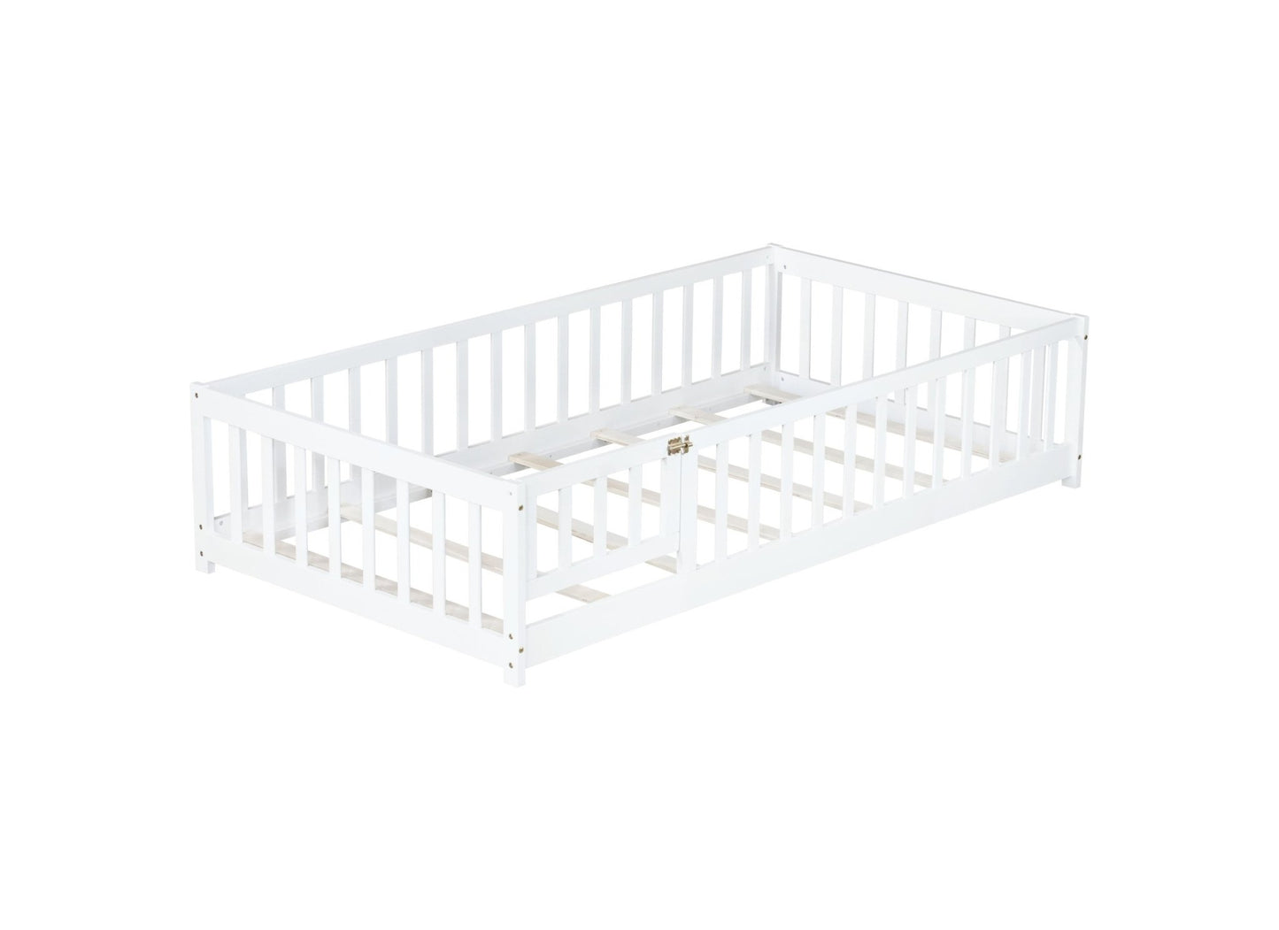 Twin Size Floor Bed with Fence and Door,Rubber Wood Floor Bed with Safety Guardrails,White - 1st Choice Furniture Direct