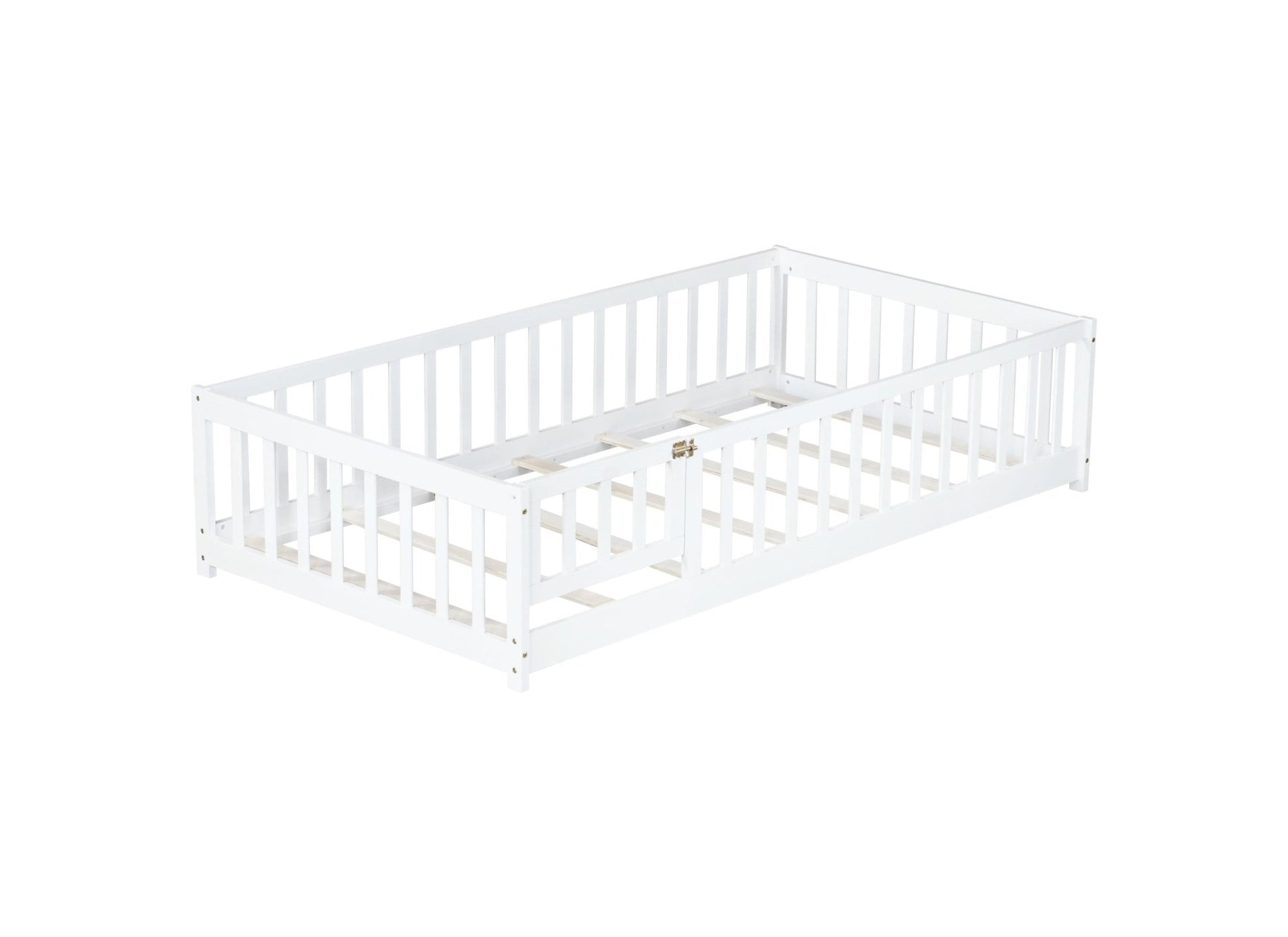 Twin Size Floor Bed with Fence and Door,Rubber Wood Floor Bed with Safety Guardrails,White - 1st Choice Furniture Direct