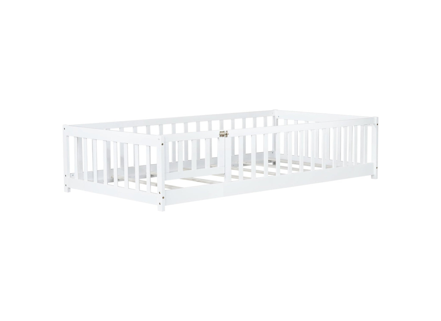 Twin Size Floor Bed with Fence and Door,Rubber Wood Floor Bed with Safety Guardrails,White - 1st Choice Furniture Direct