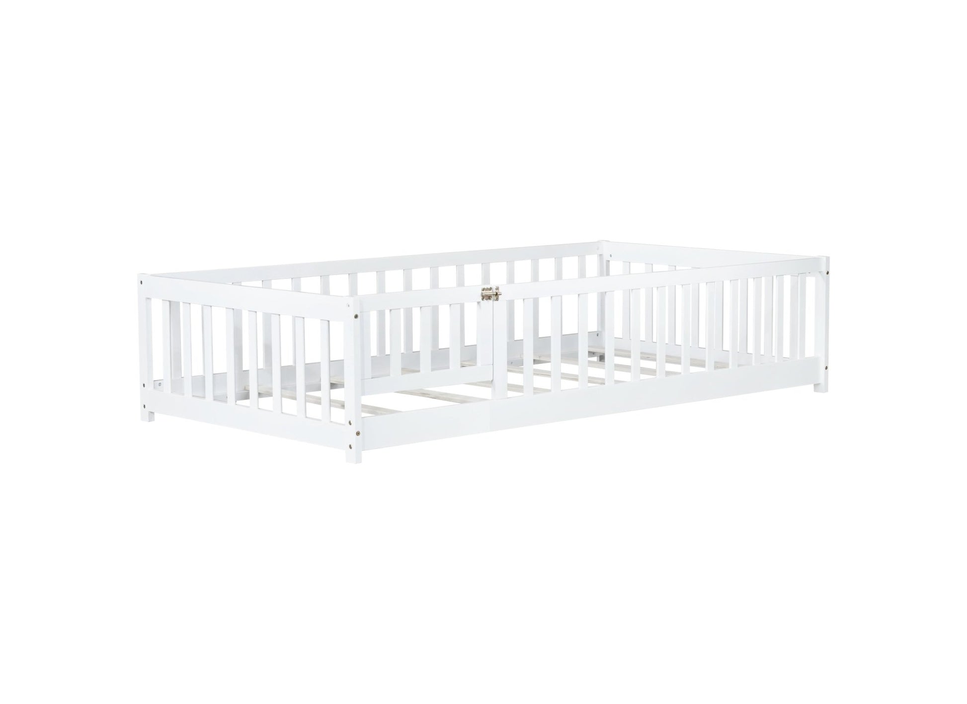 Twin Size Floor Bed with Fence and Door,Rubber Wood Floor Bed with Safety Guardrails,White - 1st Choice Furniture Direct