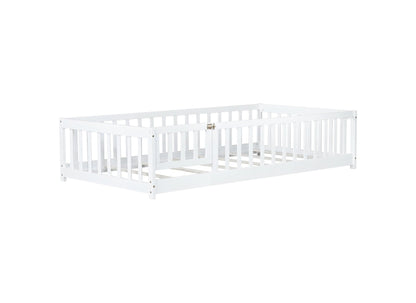 Twin Size Floor Bed with Fence and Door,Rubber Wood Floor Bed with Safety Guardrails,White - 1st Choice Furniture Direct