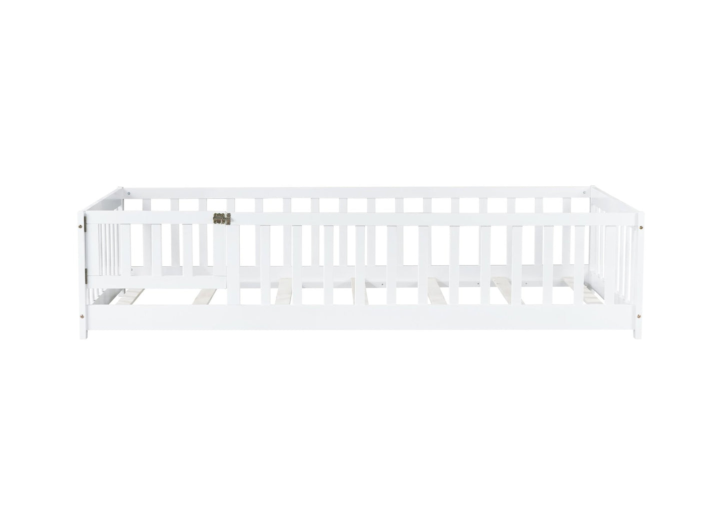 Twin Size Floor Bed with Fence and Door,Rubber Wood Floor Bed with Safety Guardrails,White - 1st Choice Furniture Direct