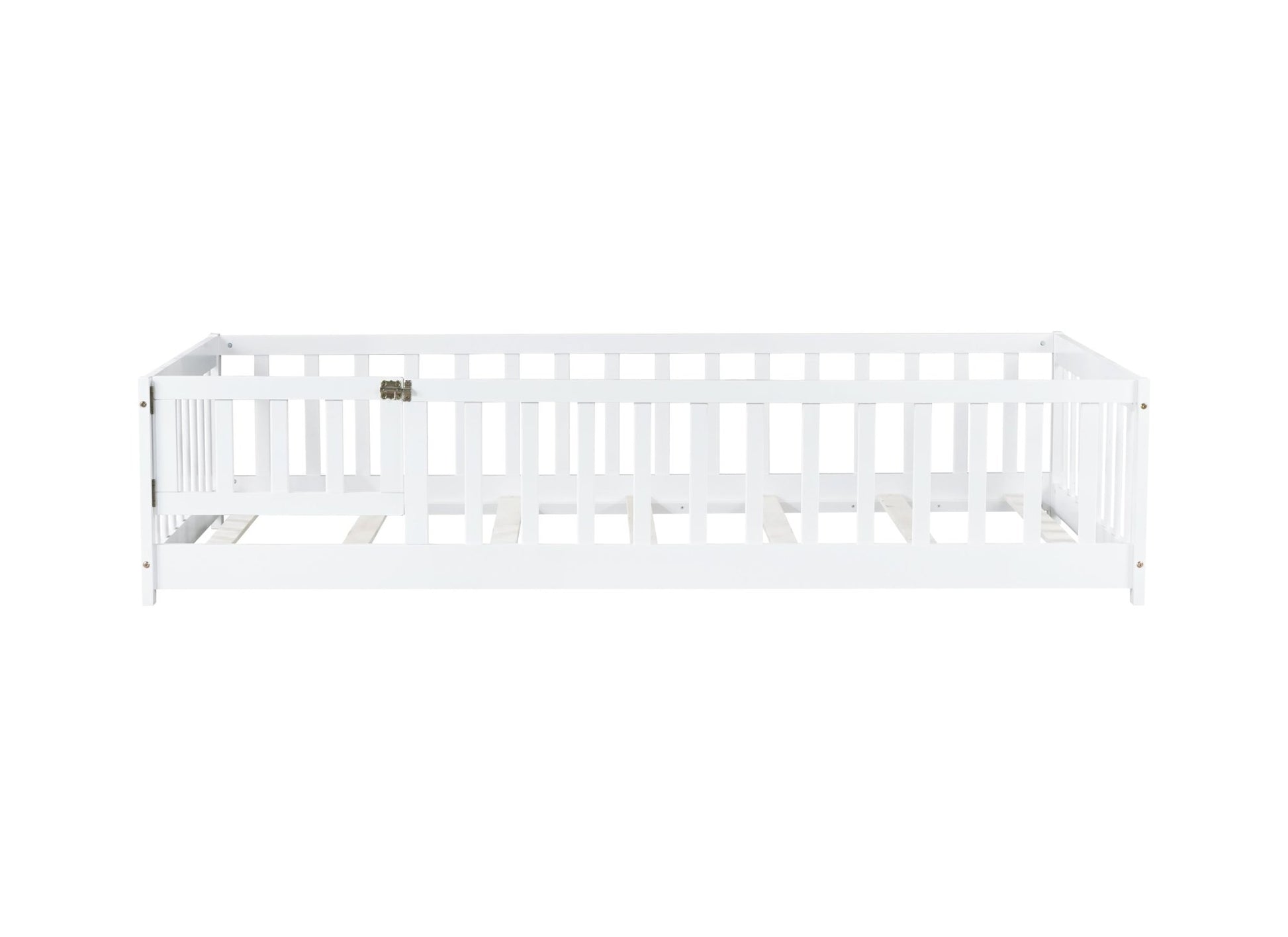 Twin Size Floor Bed with Fence and Door,Rubber Wood Floor Bed with Safety Guardrails,White - 1st Choice Furniture Direct
