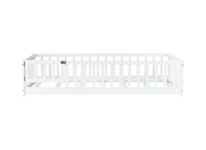 Twin Size Floor Bed with Fence and Door,Rubber Wood Floor Bed with Safety Guardrails,White - 1st Choice Furniture Direct