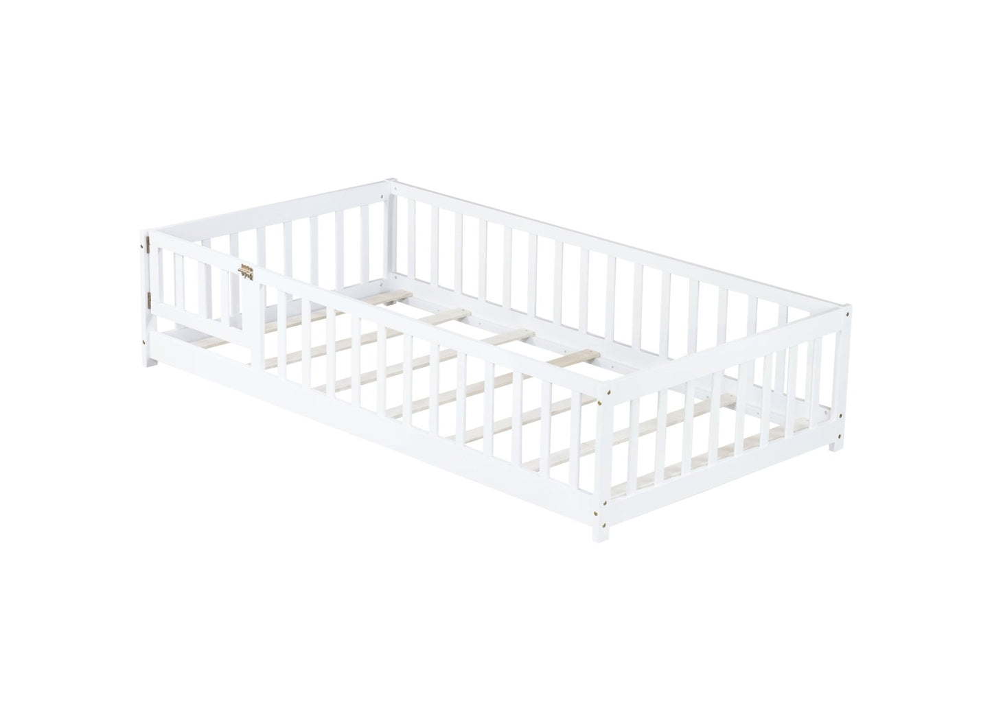 Twin Size Floor Bed with Fence and Door,Rubber Wood Floor Bed with Safety Guardrails,White - 1st Choice Furniture Direct