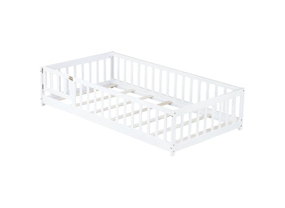 Twin Size Floor Bed with Fence and Door,Rubber Wood Floor Bed with Safety Guardrails,White - 1st Choice Furniture Direct