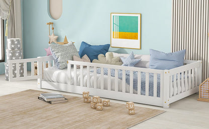 Twin Size Floor Bed with Fence and Door,Rubber Wood Floor Bed with Safety Guardrails,White - 1st Choice Furniture Direct