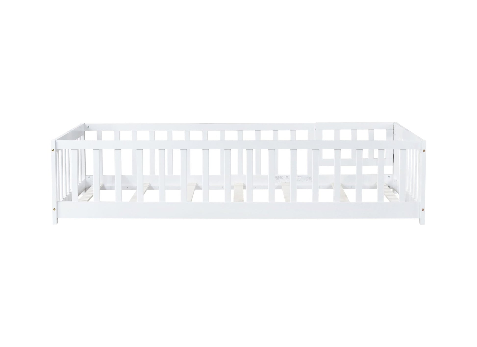 Twin Size Floor Bed with Fence and Door,Rubber Wood Floor Bed with Safety Guardrails,White - 1st Choice Furniture Direct