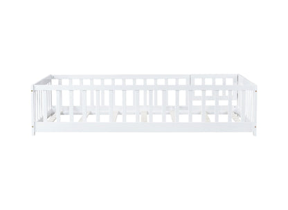 Twin Size Floor Bed with Fence and Door,Rubber Wood Floor Bed with Safety Guardrails,White - 1st Choice Furniture Direct