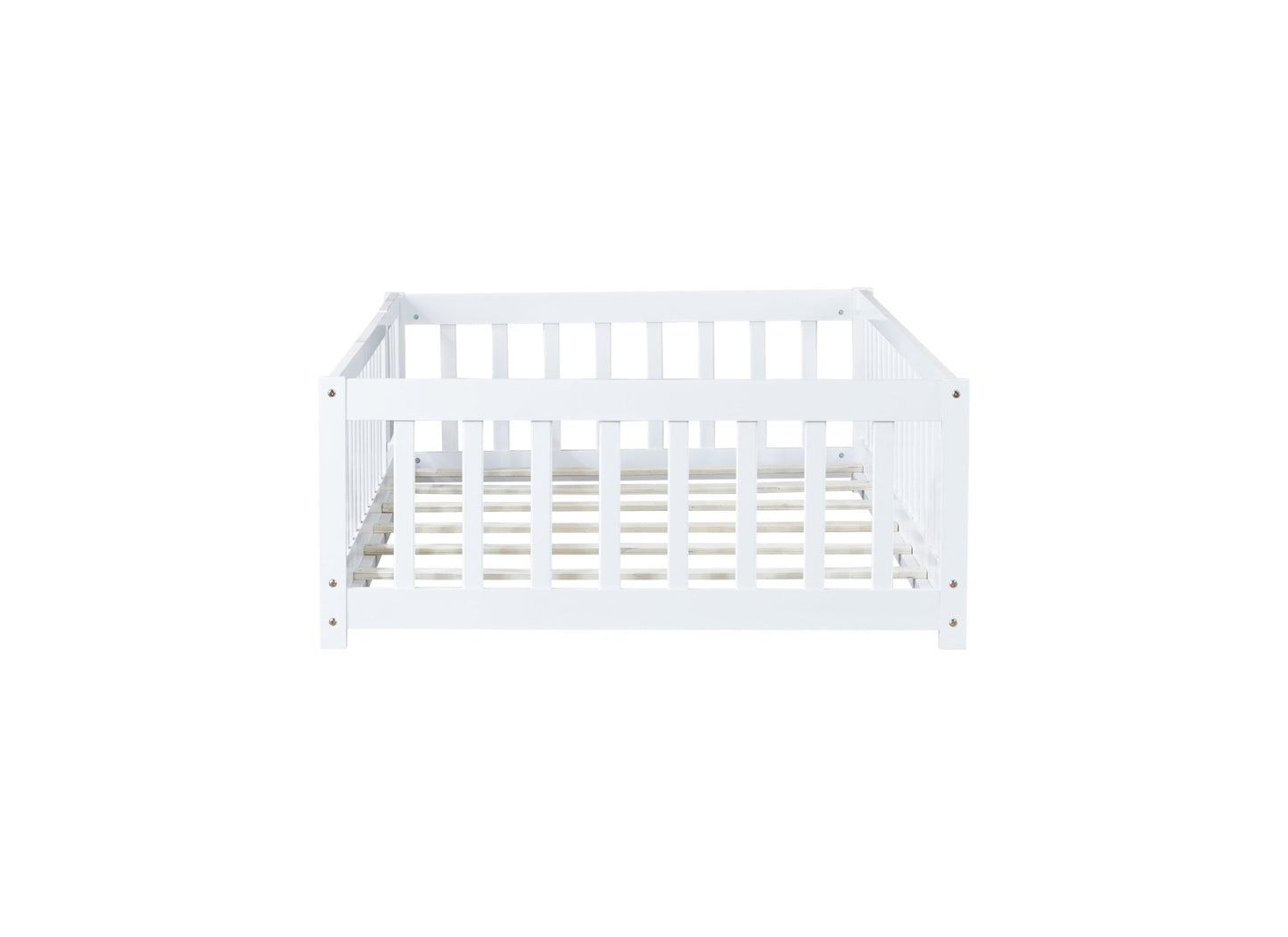 Twin Size Floor Bed with Fence and Door,Rubber Wood Floor Bed with Safety Guardrails,White - 1st Choice Furniture Direct