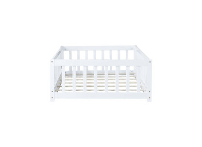 Twin Size Floor Bed with Fence and Door,Rubber Wood Floor Bed with Safety Guardrails,White - 1st Choice Furniture Direct