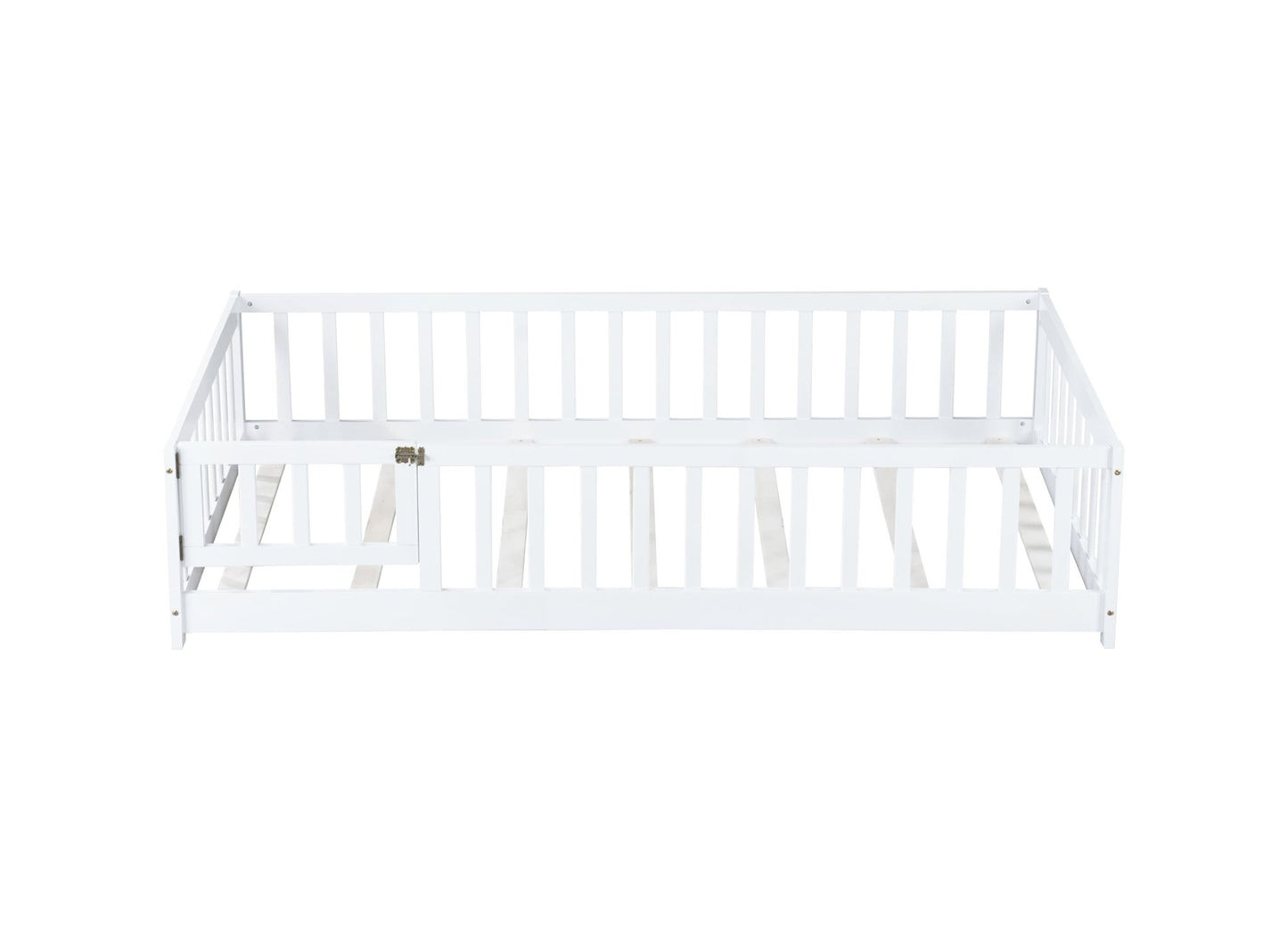 Twin Size Floor Bed with Fence and Door,Rubber Wood Floor Bed with Safety Guardrails,White - 1st Choice Furniture Direct