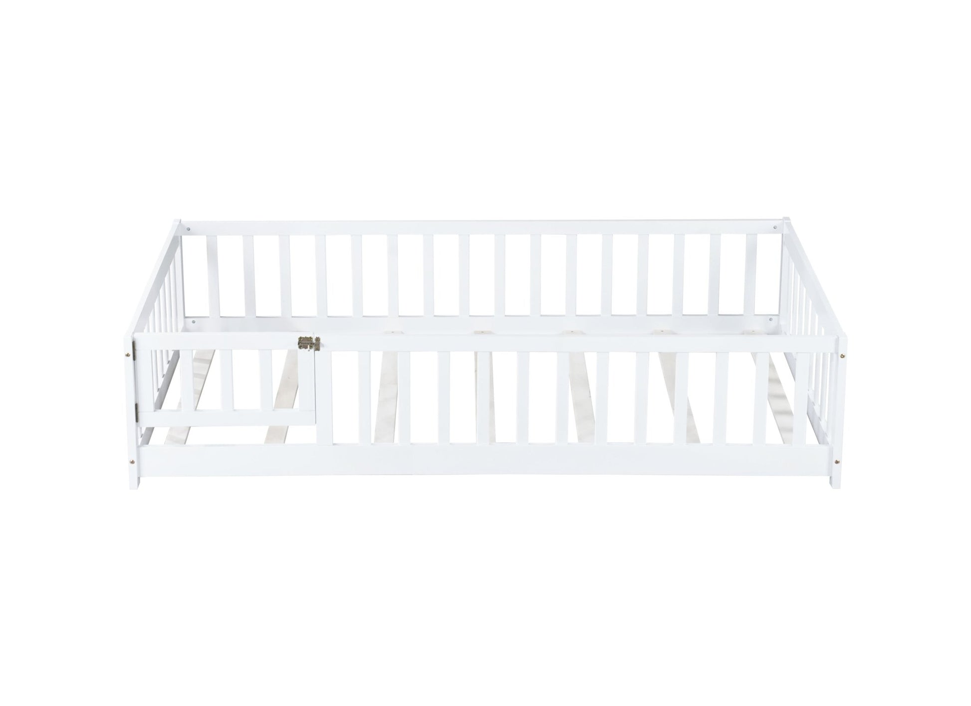Twin Size Floor Bed with Fence and Door,Rubber Wood Floor Bed with Safety Guardrails,White - 1st Choice Furniture Direct