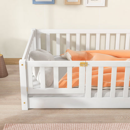 Twin Size Floor Bed with Fence and Door,Rubber Wood Floor Bed with Safety Guardrails,White - 1st Choice Furniture Direct