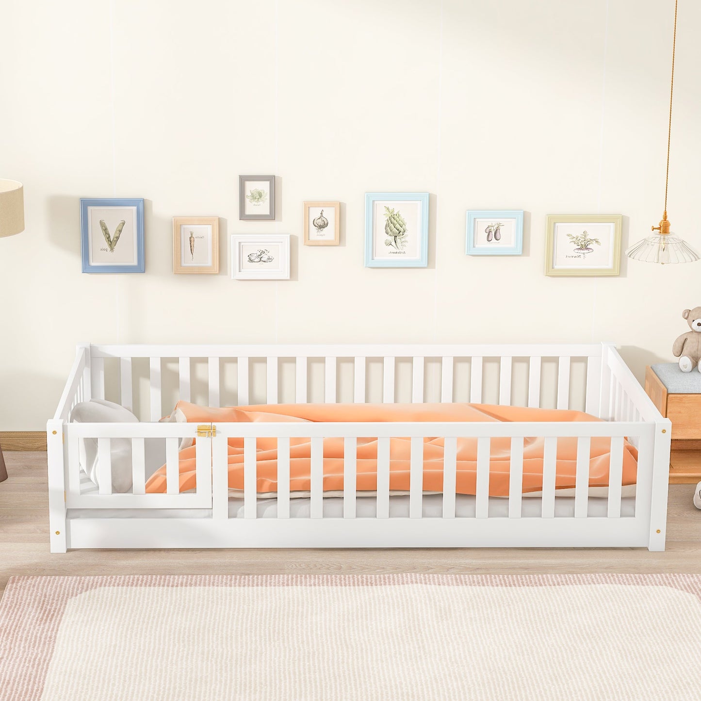 Twin Size Floor Bed with Fence and Door,Rubber Wood Floor Bed with Safety Guardrails,White - 1st Choice Furniture Direct