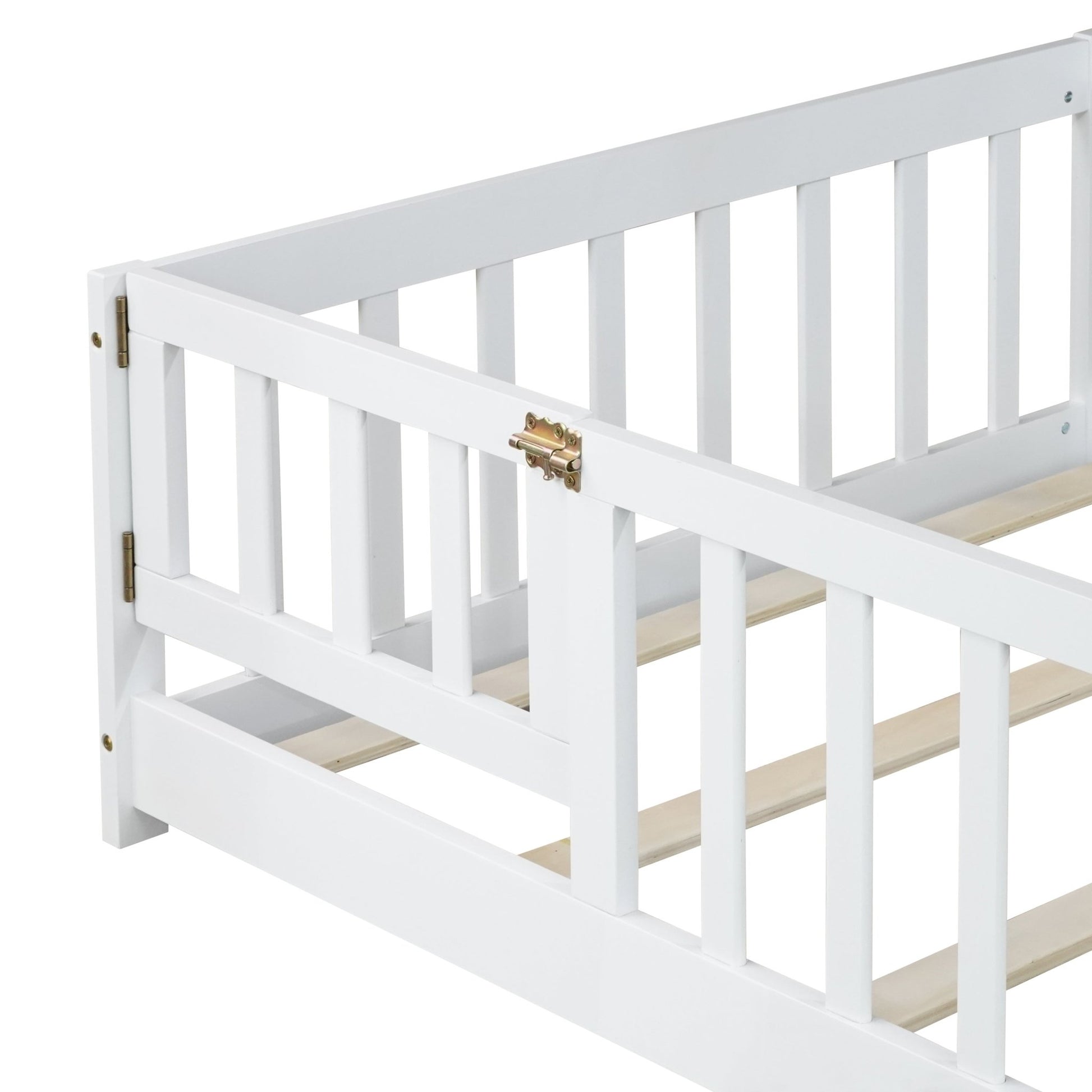 Twin Size Floor Bed with Fence and Door,Rubber Wood Floor Bed with Safety Guardrails,White - 1st Choice Furniture Direct