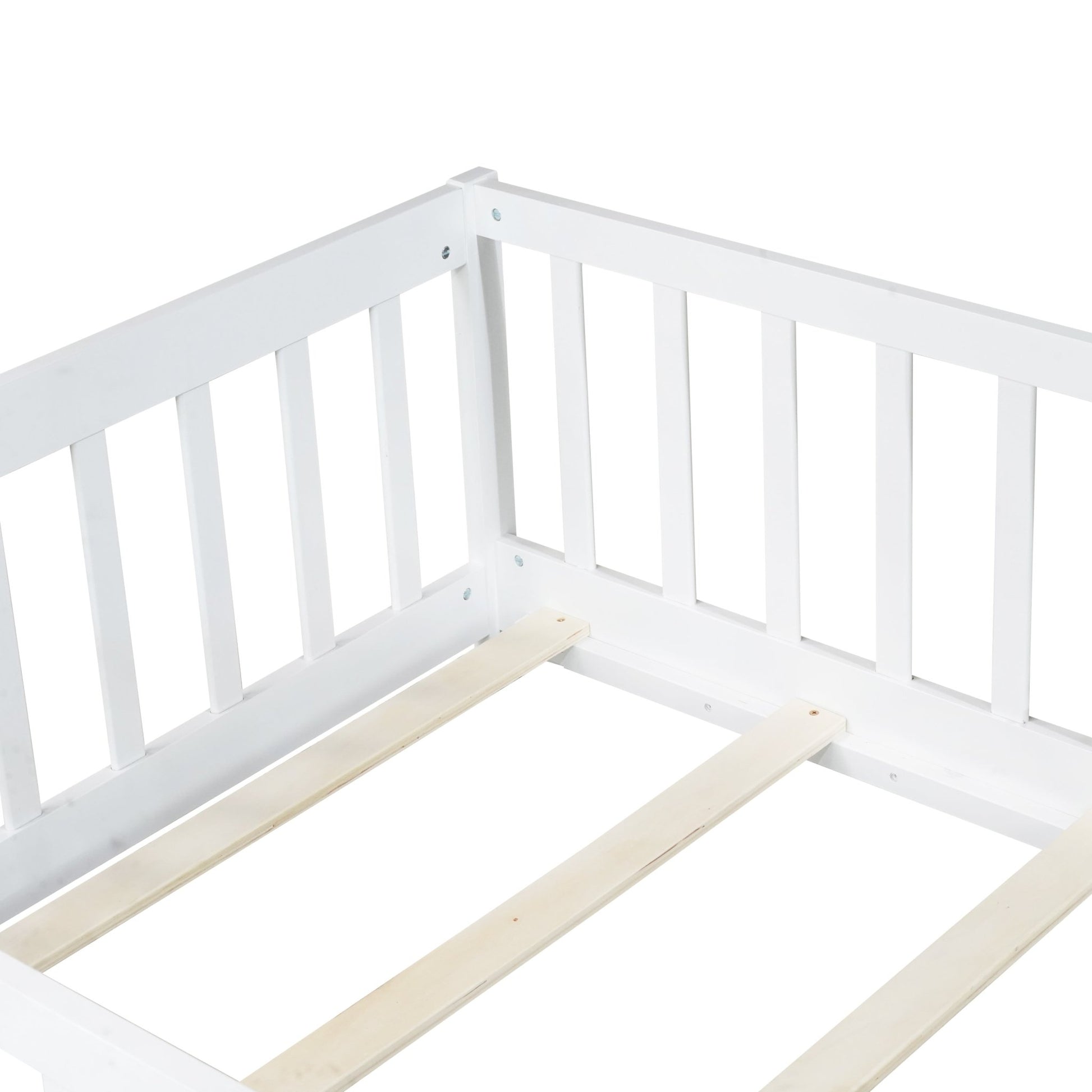 Twin Size Floor Bed with Fence and Door,Rubber Wood Floor Bed with Safety Guardrails,White - 1st Choice Furniture Direct