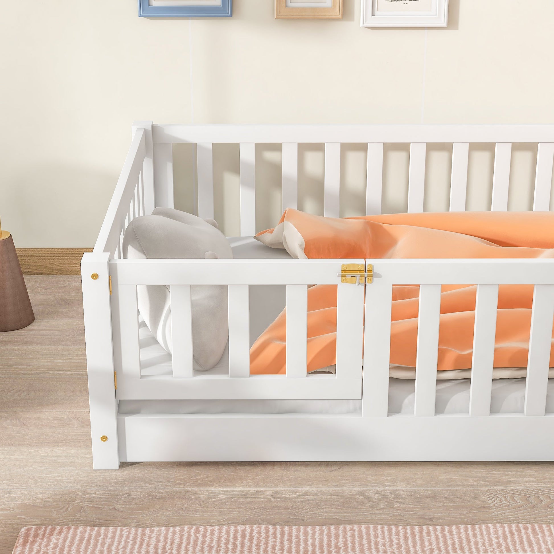 Twin Size Floor Bed with Fence and Door,Rubber Wood Floor Bed with Safety Guardrails,White - 1st Choice Furniture Direct