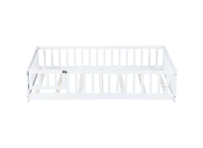 Twin Size Floor Bed with Fence and Door,Rubber Wood Floor Bed with Safety Guardrails,White - 1st Choice Furniture Direct