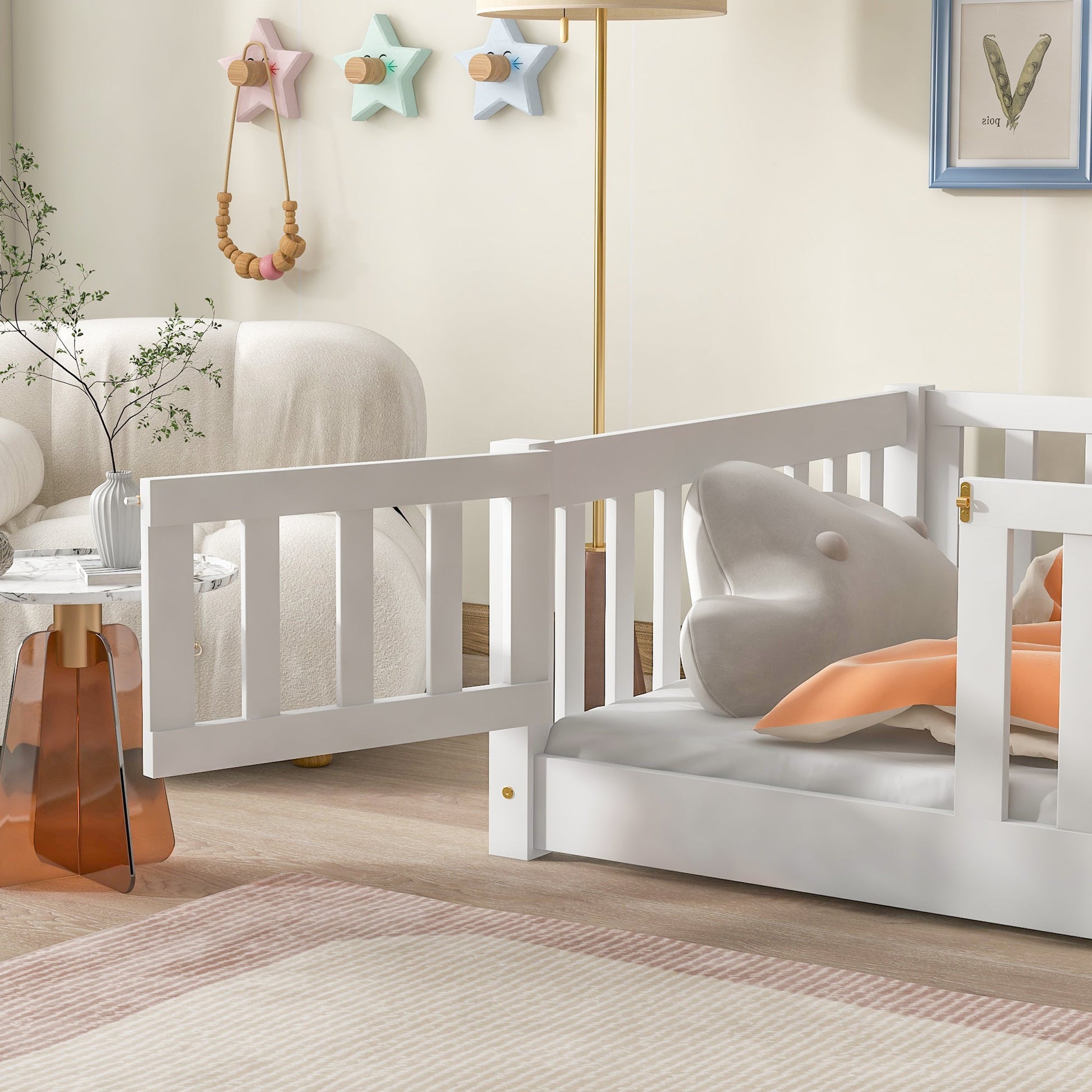 Twin Size Floor Bed with Fence and Door,Rubber Wood Floor Bed with Safety Guardrails,White - 1st Choice Furniture Direct