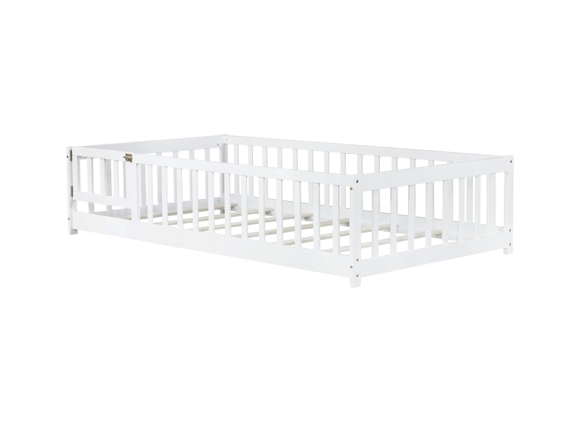 Twin Size Floor Bed with Fence and Door,Rubber Wood Floor Bed with Safety Guardrails,White - 1st Choice Furniture Direct