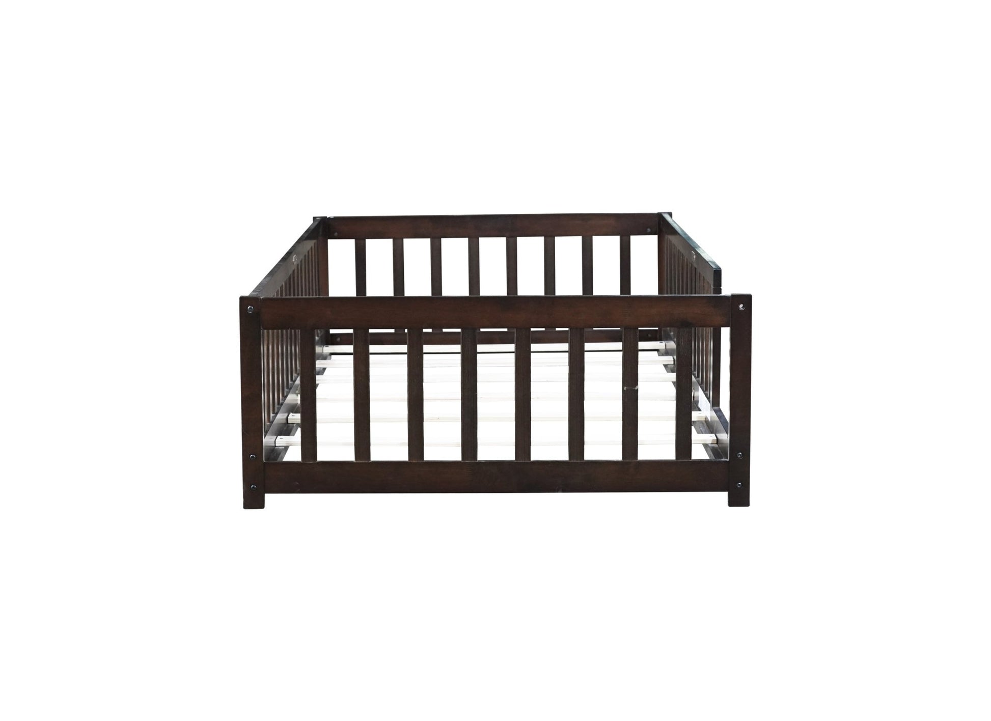 Twin Size Floor Bed with Fence without Door, Rubber Wood Floor Bed with Safety Guardrails,Espresso - 1st Choice Furniture Direct
