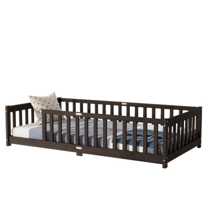 Twin Size Floor Bed with Fence without Door, Rubber Wood Floor Bed with Safety Guardrails,Espresso - 1st Choice Furniture Direct