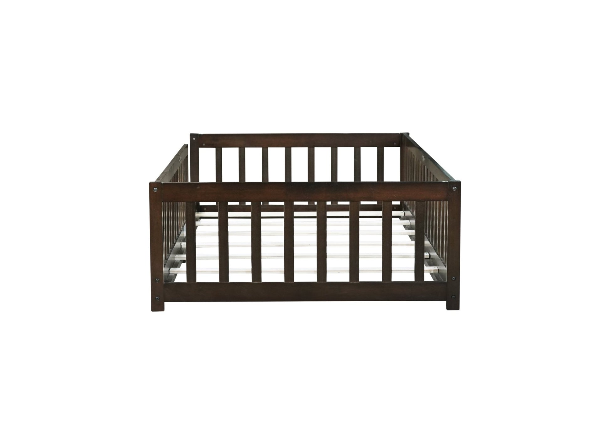 Twin Size Floor Bed with Fence without Door, Rubber Wood Floor Bed with Safety Guardrails,Espresso - 1st Choice Furniture Direct
