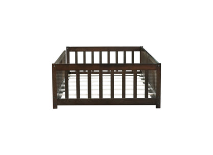 Twin Size Floor Bed with Fence without Door, Rubber Wood Floor Bed with Safety Guardrails,Espresso - 1st Choice Furniture Direct