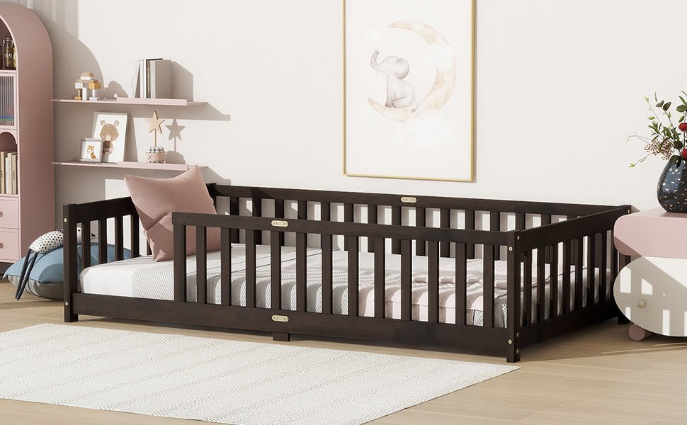 Twin Size Floor Bed with Fence without Door, Rubber Wood Floor Bed with Safety Guardrails,Espresso - 1st Choice Furniture Direct
