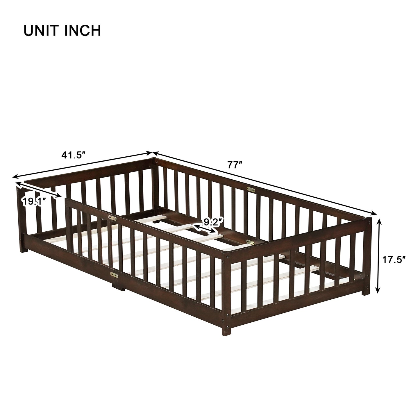 Twin Size Floor Bed with Fence without Door, Rubber Wood Floor Bed with Safety Guardrails,Espresso - 1st Choice Furniture Direct